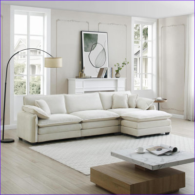 Canapé modulaire en L avec repose-pieds 3 places pour le salon | Blanc cassé | Velours côtelé