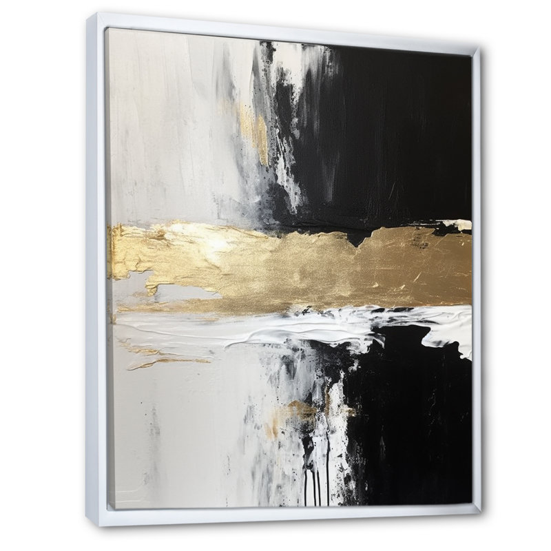 Dimensions horizontales abstraites or noir - reproductions d'art sur toile, H 32 po x l 16 po x P 1 po, Cadre flottant blanc