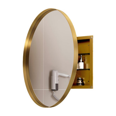 31.5" Round Bathroom Medicine Cabinet with Mirror, Wall Mounted Vanity Storage Cabinet with Adjustable Glass Shelves, Brushed Gold