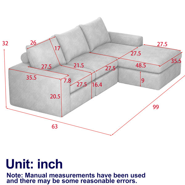 Latitude Run® 99 - Inch Corduroy Boneless L Shaped Upholstered With ...