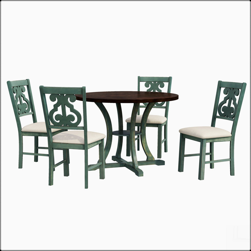 Table de salle à manger 5 pièces et 4 chaises en tissu avec tablette de rangement, Marron foncé, Bleu antique / beige