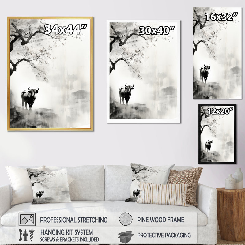 Jaceyon, art asiatique, vache Sumi XV, H 44 po x l 34 po x P 1,5 po, Cadre flottant noir