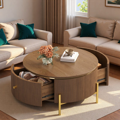 Modern Round Coffee Table With 2 Large Drawers And Golden Legs