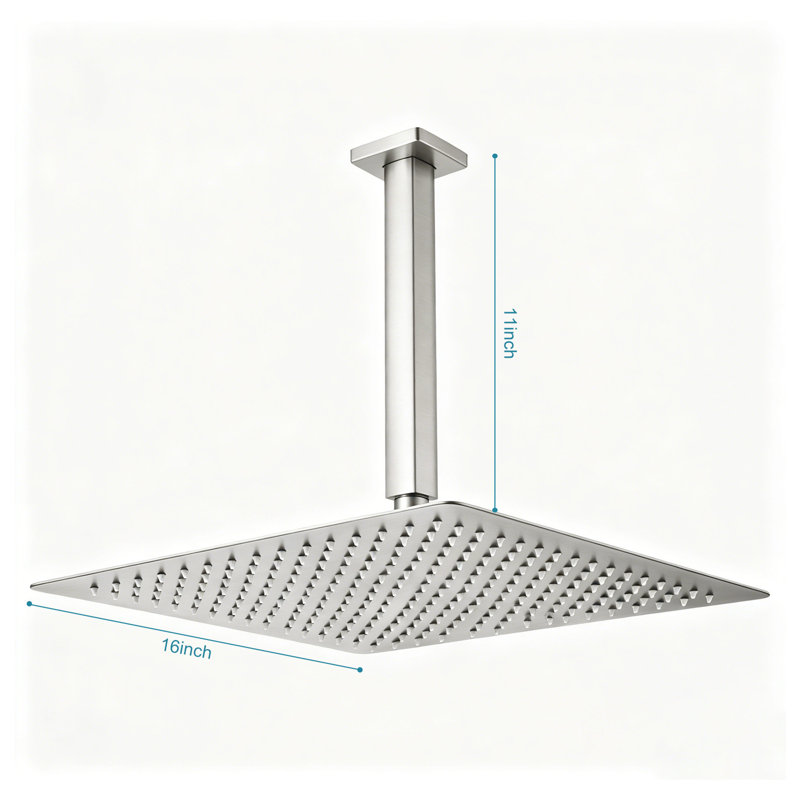 16" High Pressure Rain Shower Head With 2.5 Gpm Flow - Square Rainfall Showerhead For Bathroom, Water Saving,Brushed Nickel