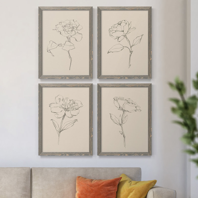 Floral Contour Study I - Ensemble de 4 reproductions d'art sur toile encadrées, H 37,5 po x l 110 po x P 1,5 po, gris