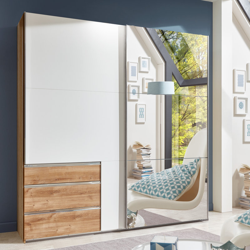 Barbuda 2 Door Manufactured Wood Wardrobe, 236cm H x 200cm W x 65cm D, White/Beige/Clear