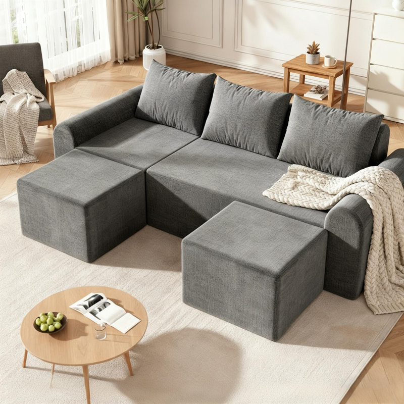 86.6" Cloud Modular Sectional Sofa with 2 Ottomans & 3 Cushions, L-Shaped Deep Seat Couches for Living Room, Modern Jute Fabric Upholstered Sofa, No Assembly Required!