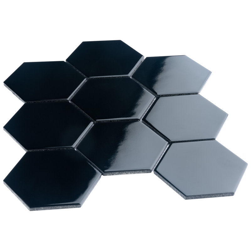 Metro Super 4" Hex Glossy Black 10" x 11-1/2" Porcelain Mosaic Tile
