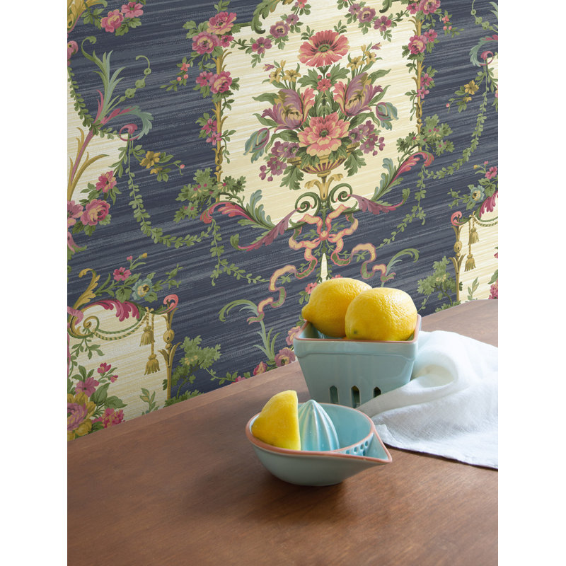 Rouleau de papier peint lisse L 27 pi x l 27 po Bidwell Floral Cameo, Bleu minuit / baie