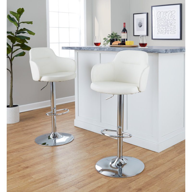 White Faux Leather Adjustable Swivel Bar Stools with Metal Base