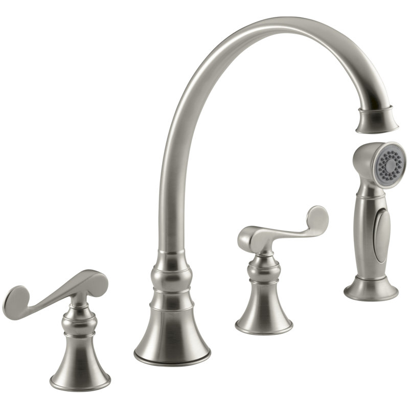 Robinet de lavabo de cuisine à 4 trous avec bec 9-3/16 po, rince-légumes de finition assortie et poignées à levier à volute Revival