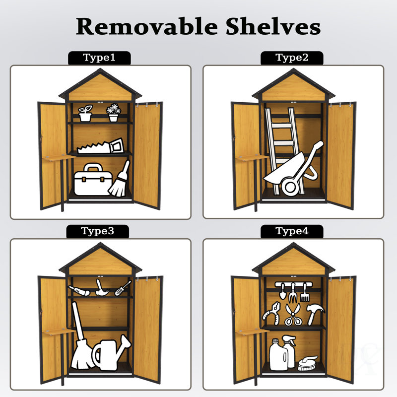 Armoire de rangement pour l'extérieur Remise de rangement en bois résistante aux intempéries avec portes imperméables verrouillables Tablettes amovibles Crochets de table pliables 69 po pour jardin et patio