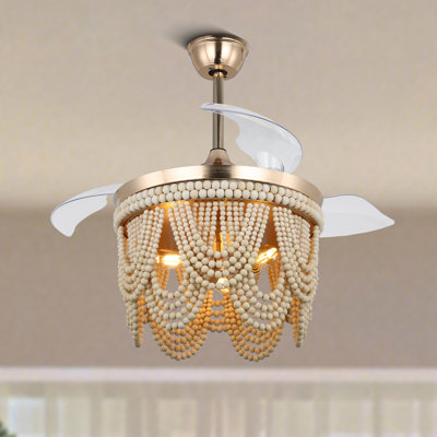 42" BoHo Ceiling Fanlight with Retractable Blades and Wooden Beads Accents