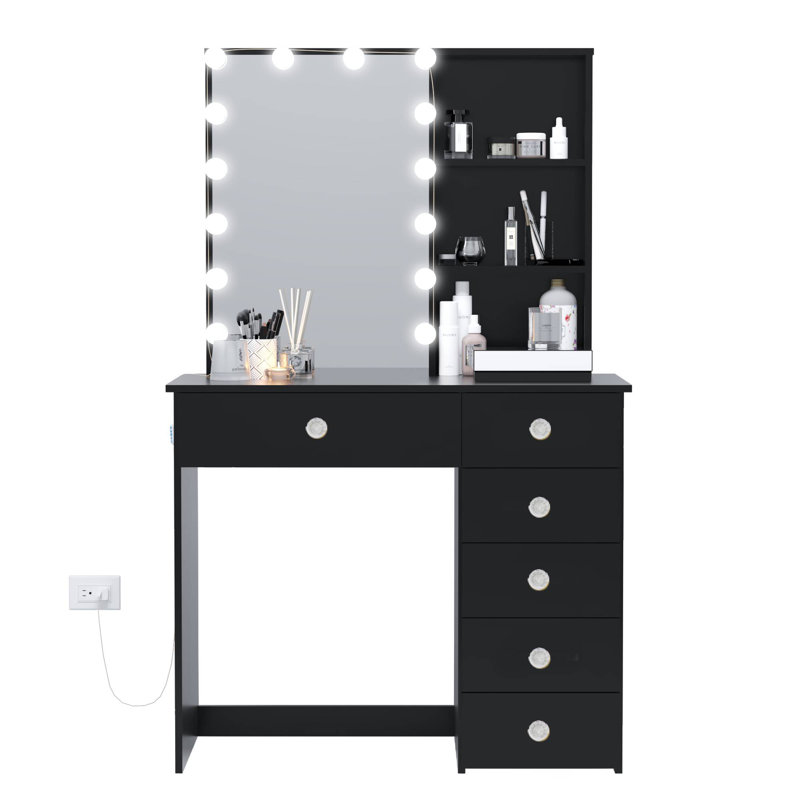 Boahaus Xanthe Lighted Makeup Vanity Desk with HD Mirror, 6 Drawers, and Add-On Lights, Black
