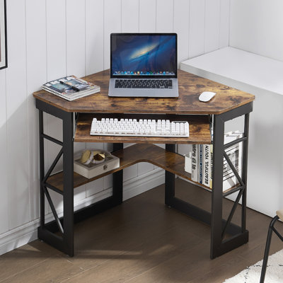 Bureau en coin Lambrecht avec tablettes de rangement, bureau d'ordinateur triangulaire avec plateau à clavier et étagères pour petits espaces, bureau d'écriture compact à 90 degrés pour bureau d'ordinateur personnel, salon, chambre à coucher