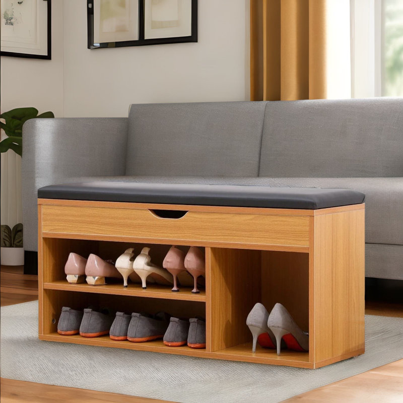 Pine Wooden Shoe Rack Bench with Cushion Shoe Organiser Storage Shelves Storage Compartment