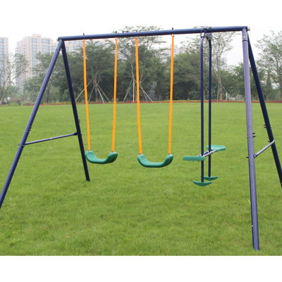 Balançoire extérieure en métal pour enfants avec planeur, structure en acier robuste, montage facile, sièges confortables en forme de U, métal imperméable et antirouille, style banc, 4 balançoires, bleu, poids du planeur : 23,5 kg (emballage inclus).