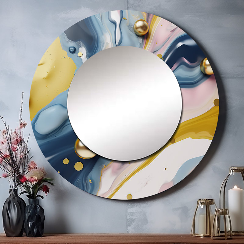 Pao jaune et bleu fluide Pierre IV - grand miroir mural en marbre, miroir rond moderne unique, impression d'art en métal