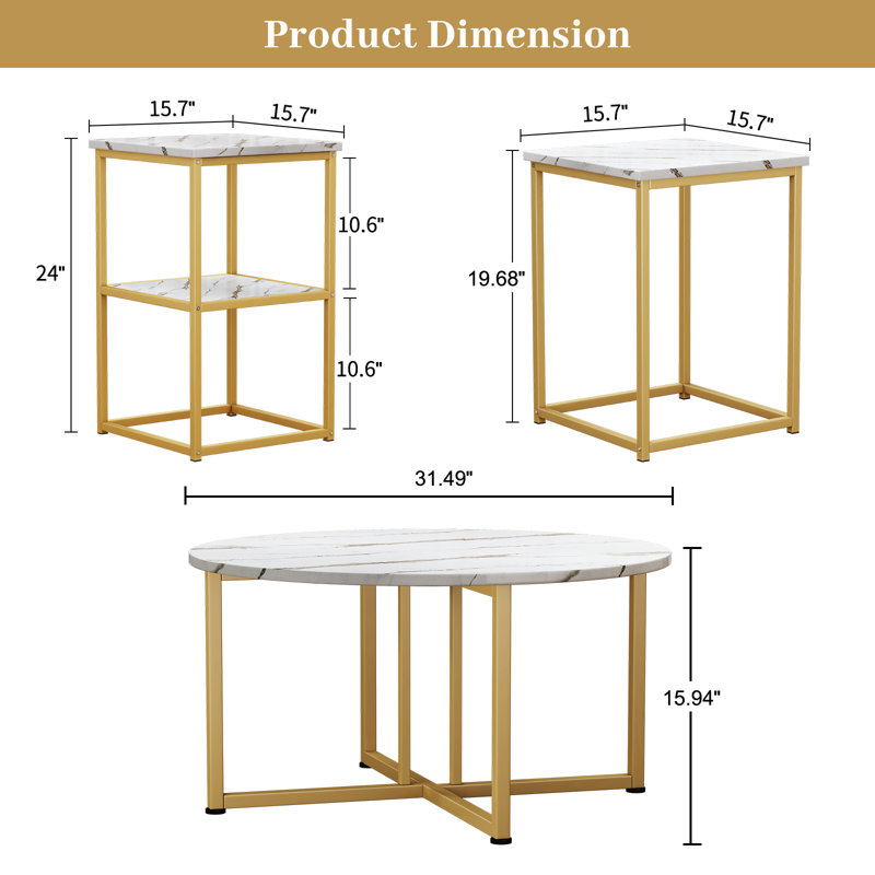Ensemble de tables basses 3 pièces Jadyne, Or / blanc