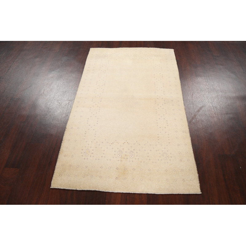 Tapis beige en laine noué à la main de conception unique 3 pi 2 po x 5 pi 1 po New Age