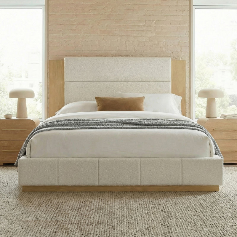 Lit tapissier Taryn avec tête de lit allongée et base en bois Taryn, Très grand lit, Blanc