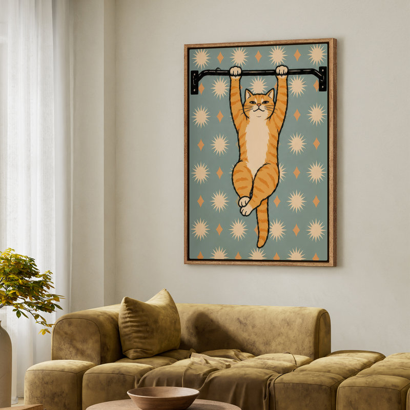 Framed Canvas Wall Art - Funny Orange Cat Hanging on Bar with Retro Star Pattern - 16"x24", 24"x36", 24" H x 16" W, Natural