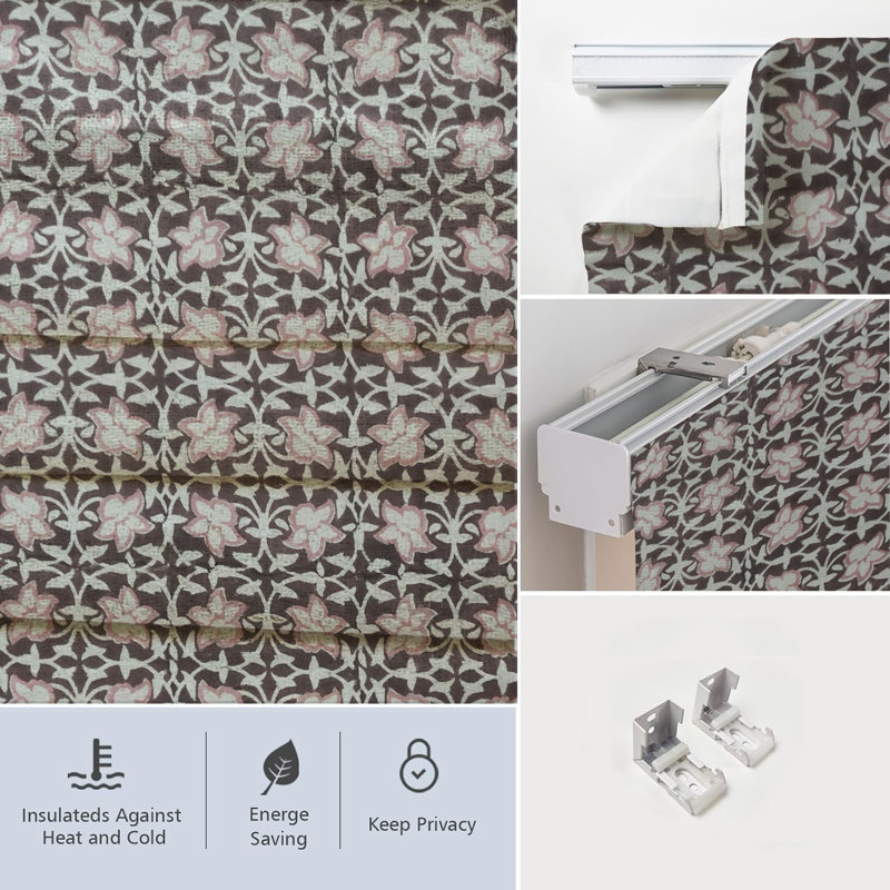 Fabdivine Pink Handmade 100% Blackout Block Print Floral Pure Linen Roman Shade for Window Treatments, Corded Blind for French Door, Kitchen, Fabric for Room Darkening, Chudamani