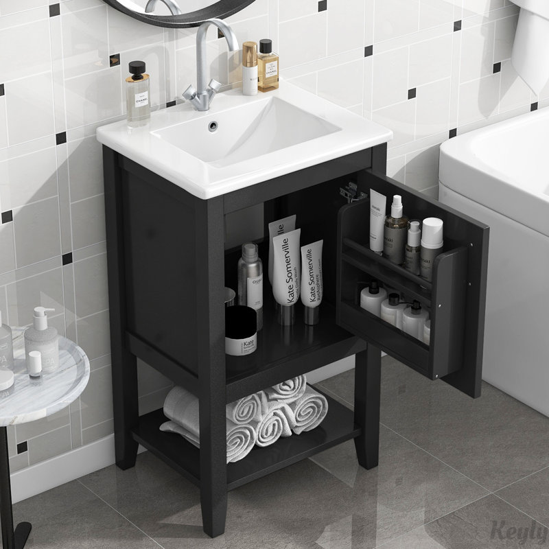 Meuble-lavabo de 20 po avec lavabo, porte à fermeture douce, support de rangement et tablette ouverte, Noir