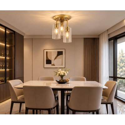 Gold 3-Light Semi Flush Mount Ceiling Fixture with Clear Glass Shades for Bedroom, Dining Room