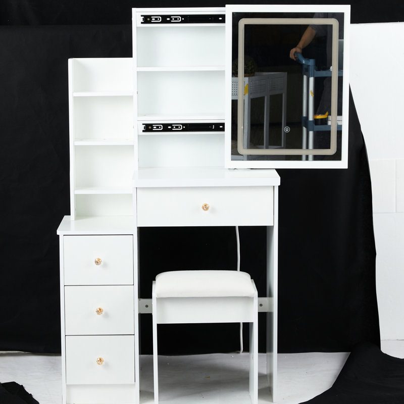 White Left Bedside Cabinet Vanity Table, Touch-Operated Led Mirror With 3 Colors & Adjustable Brightness, Cushioned Stool, For Small Rooms, , American Style Area Table In White, Material