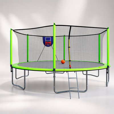 15FT Trampoline with Basketball Hoop, Inflator, Ladder, and 6 Safety Pole Sleeves - Green