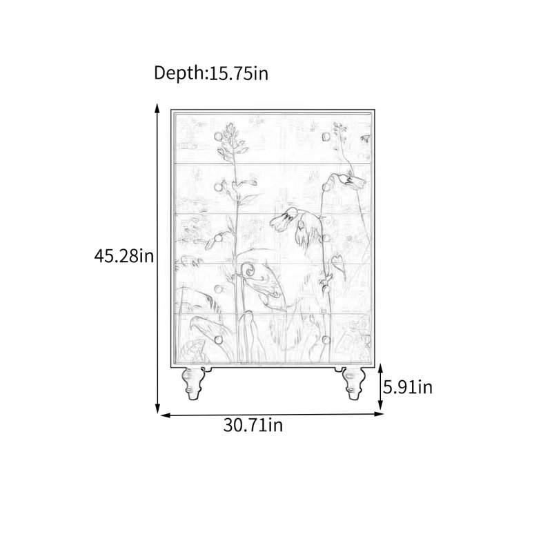 Five Drawer Storage Cabinet with Solid Wood Legs, White