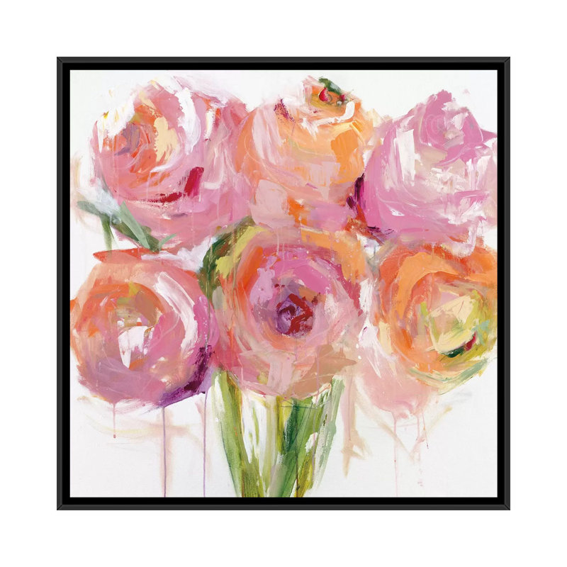 «Pink Pivoines» par Emma Bell - Estampe numérique sur toile tendue avec châssis, H 37 po x l 37 po x P 1,5 po, Pas de tapis