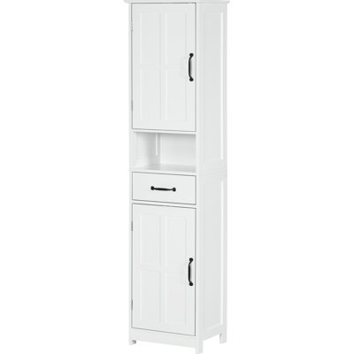 Bathroom Storage Tower - Slim Tall Linen With Open Shelf, Drawer, Recessed Doors & Adjustable Shelves, White Cabinet