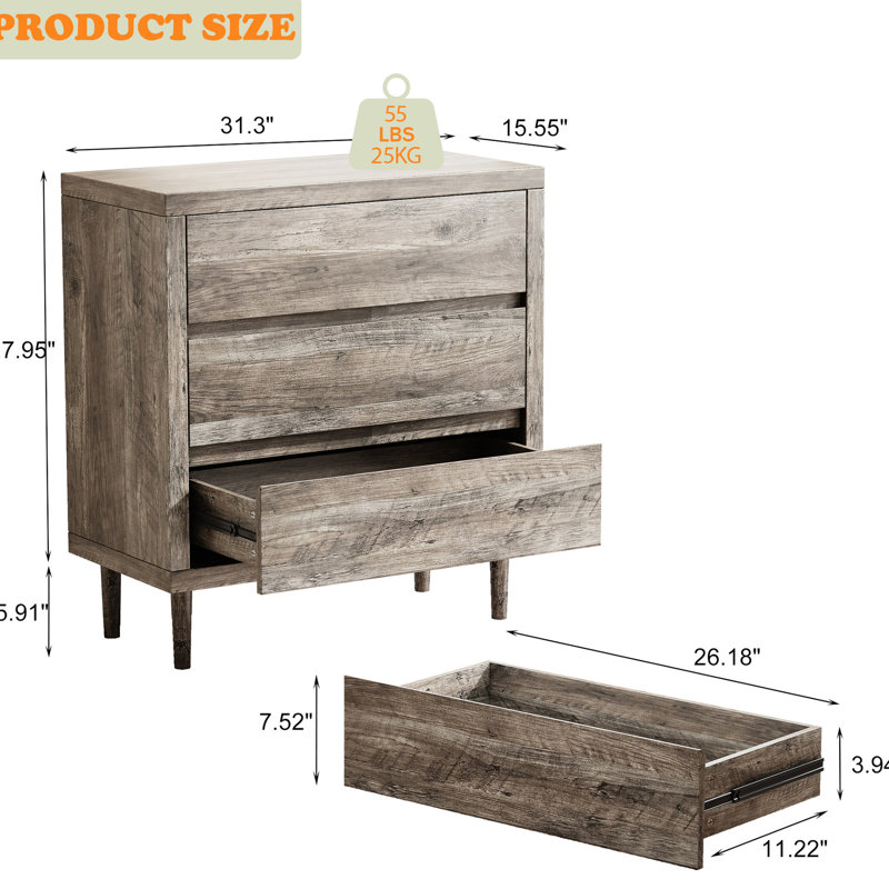 Commode l 31,5 "avec 3 tiroirs en chêne gris - Commode en bois pour la chambre à coucher. Mobilier de salon. Armoire de rangement stable. Commode en chêne. Fonction de bureau à domicile