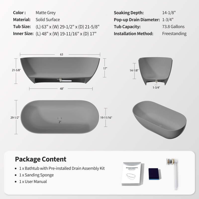 63 po. X 29,5 po. Résine de pierre autoportante à surface solide avec trop-plein et bonde escamotable, gris mat, Gris mat