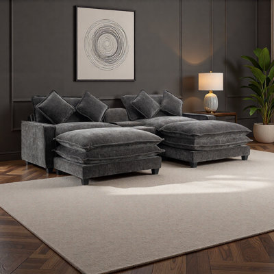 Canapé modulaire en chenille de 111 po avec deux repose-pieds amovibles, deux ports USB, deux porte-gobelets et une grande boîte de rangement