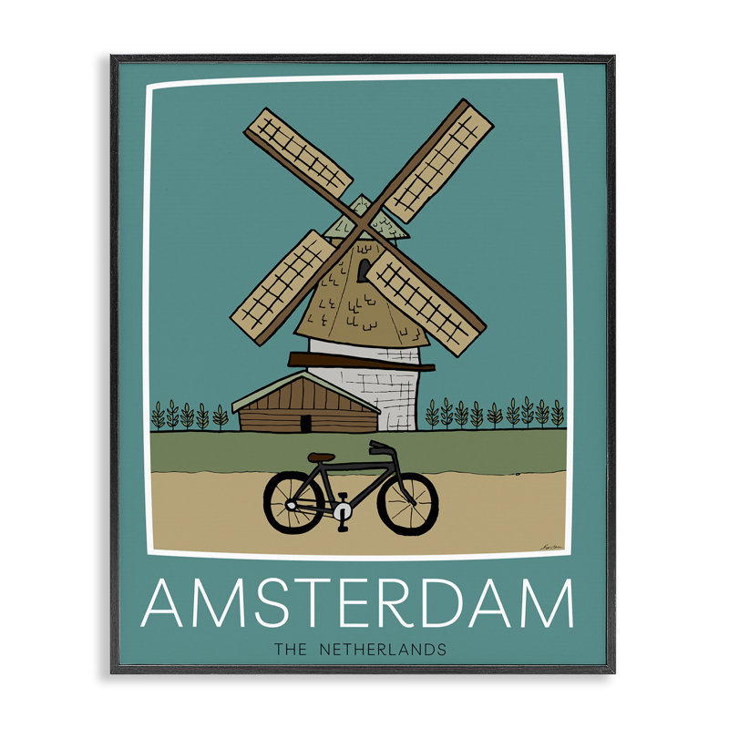 Affiche de moulin à vent Amsterdam, giclée, conception par Hugo Edwins, H 20 po x l 16 po, Giclée encadrée noir minuit