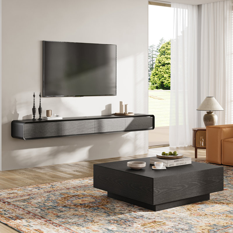 Blosse Floating TV Stand with 39.37'' Square Coffee Table Set, Fully Assembled, 9.84" H x 14.57" L x 94.48" W, Black
