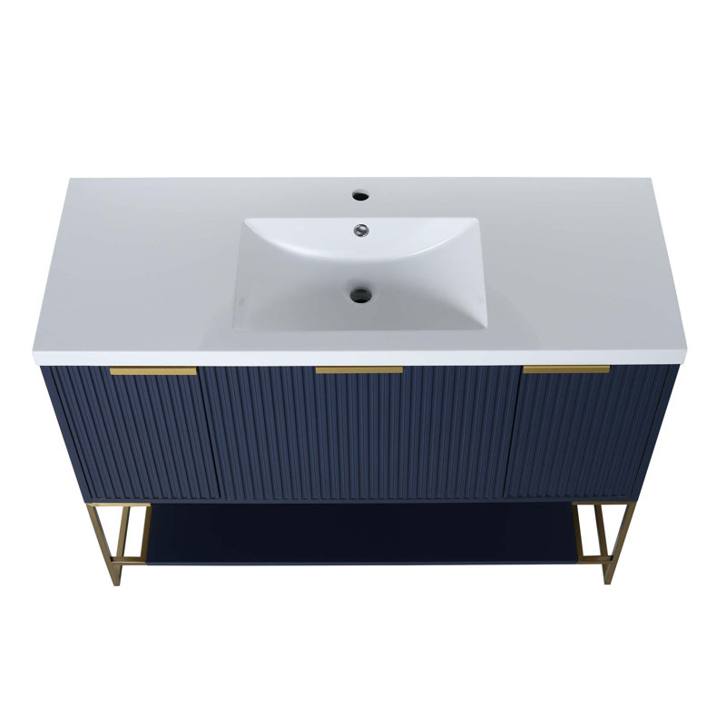 Meuble-lavabo autoportant de 48 pouces avec lavabo en résine, Bleu / doré