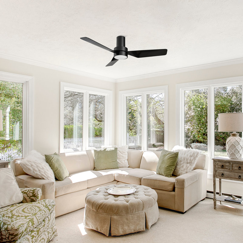 44"  DC Motor 3 - Blade LED Flush Mount Ceiling Fan with Remote Control and Light Kit Included, Black