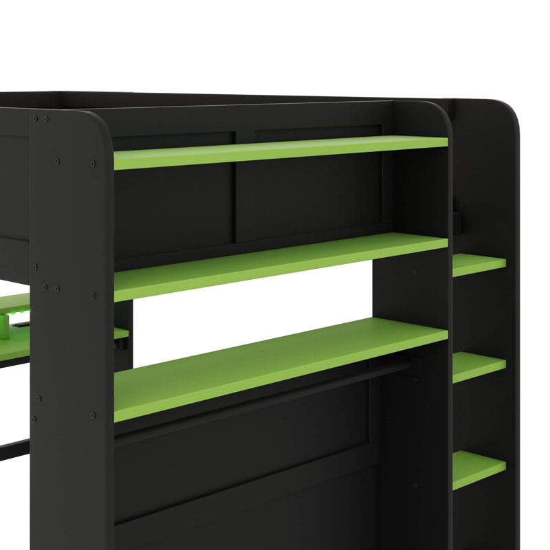 Full Size Wood Bunk Bed With Height-Adjustable Desk,Wardrobe,Ample Storage Space And RGB Light, Green