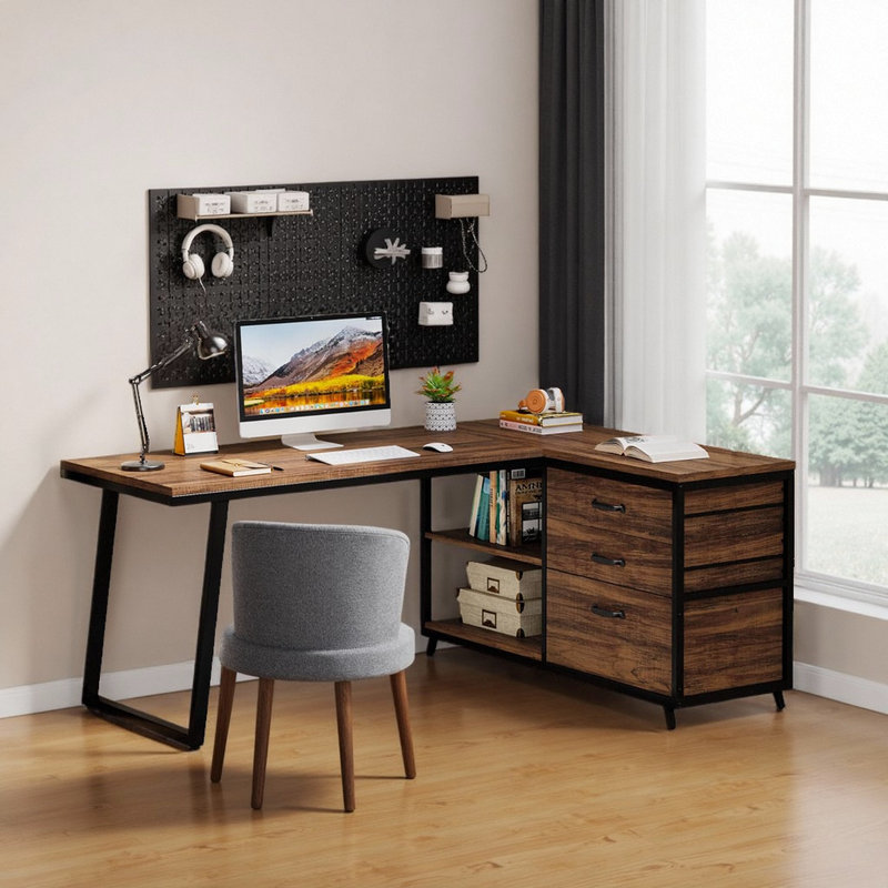 Bureau de direction en L 53 po réversible pour bureau d'ordinateur - style industriel avec rangement