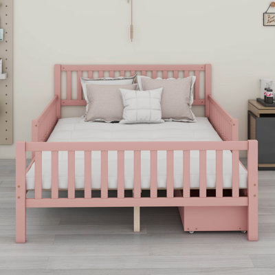 Lit plateforme avec deux tiroirs de rangement et garde-corps des deux côtés, cadre de lit en bois pour la chambre à coucher