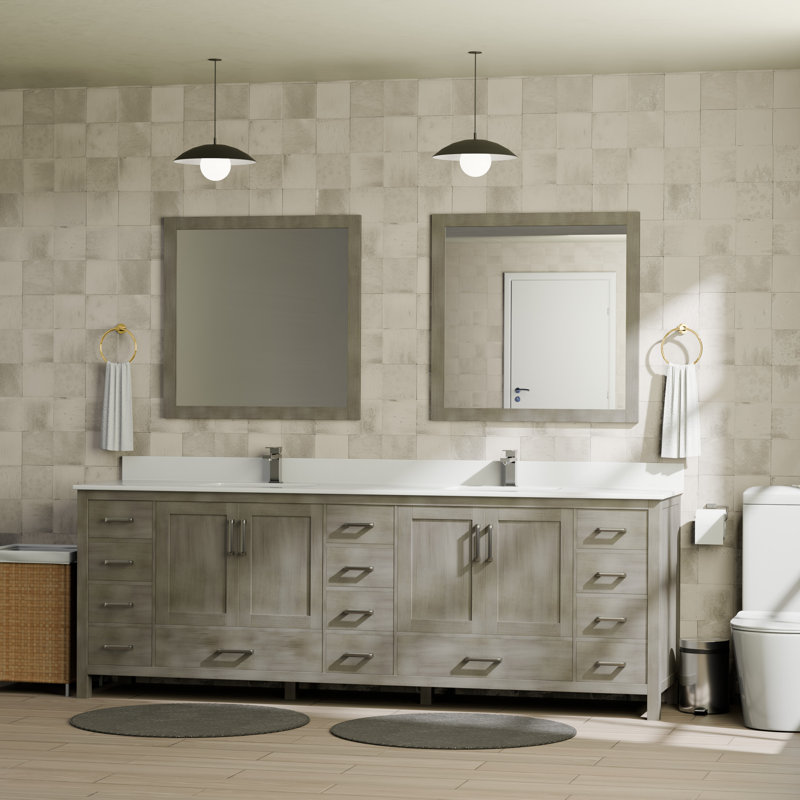 Ensemble de meuble-lavabo double 84 po Jacques, Gris patiné, Quartz blanc