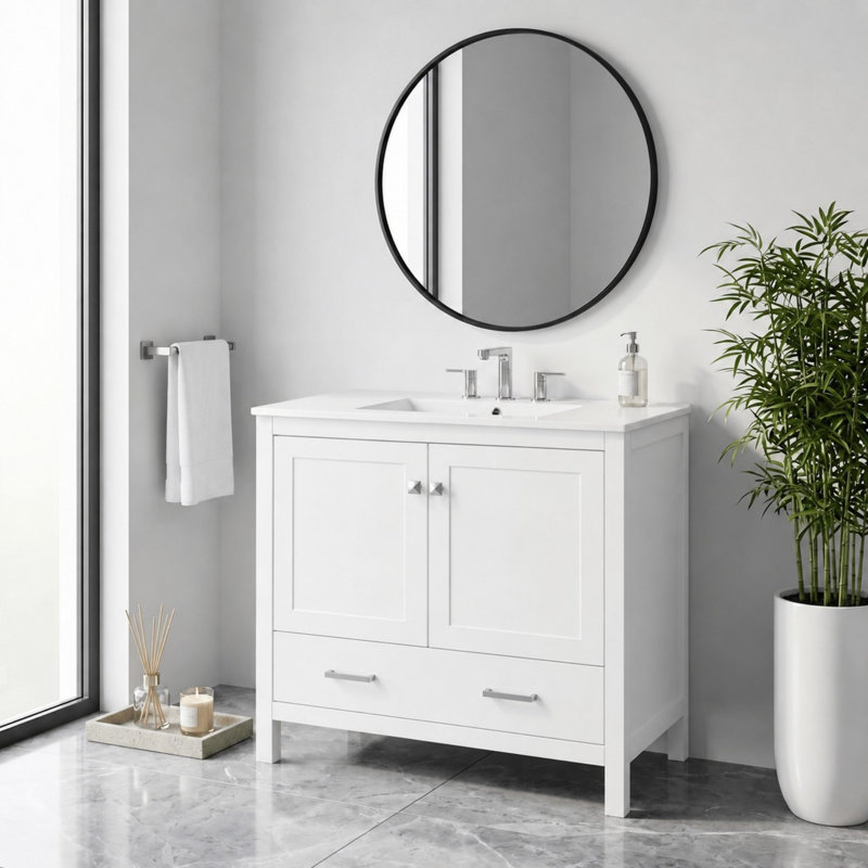 Armoire de salle de bain autoportante verte avec plateau en céramique, organisateur de porte et tiroir de séparation, Blanc