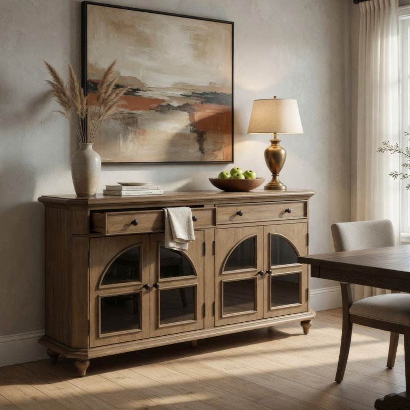 Armoire d'appoint Bayi, 4 portes arquées en verre et 2 tiroirs, brun 68 po