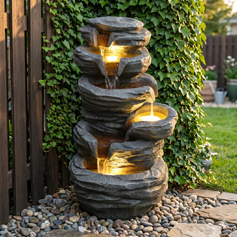  Outdoor Water Fountain, 25.6" Tall Resin Waterfall Fountain with LED Lights, 4-Tier Rock Cascading Fountain for Patio Garden Decor - Gray