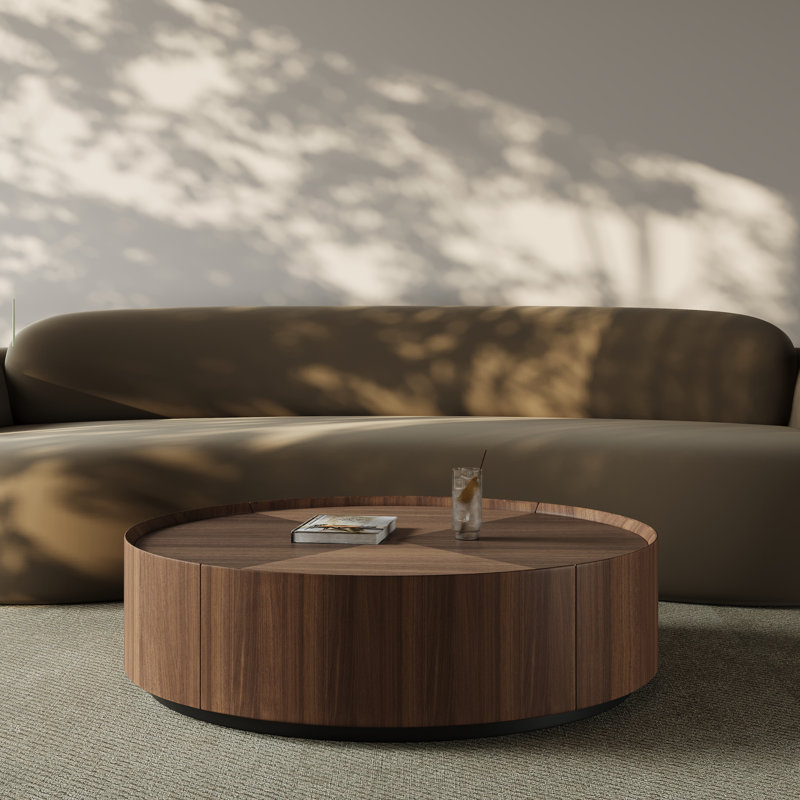 Table basse ronde avec 2 tiroirs de rangement et base robuste, Marron foncé, H 13 po x L 35 po x l 35 po 