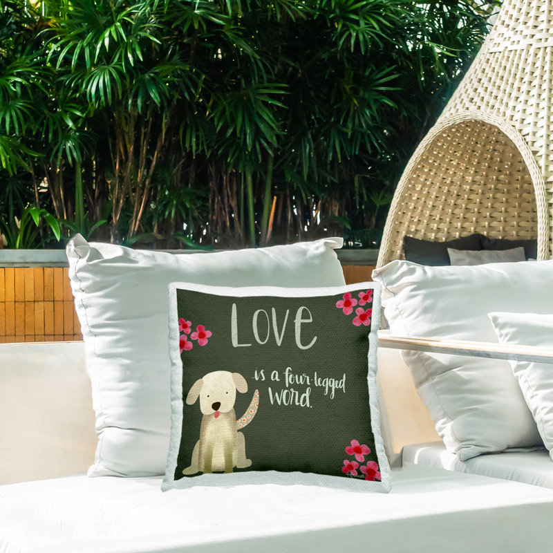 Coussin d'extérieur imprimé "Happy Puppy Dog Flowers" par Katie Doucette